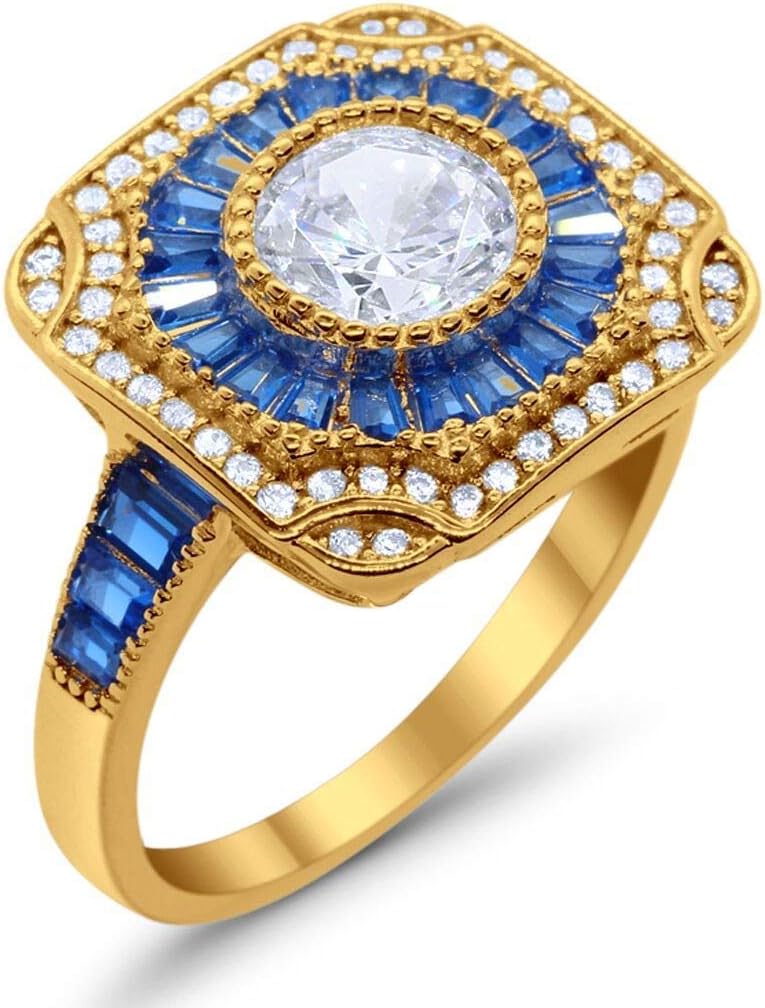 Blue Apple Co. Art Deco Wedding Engagement Antique Style Ring Baguette Round Cubic Zirconia 925 Sterling Silver