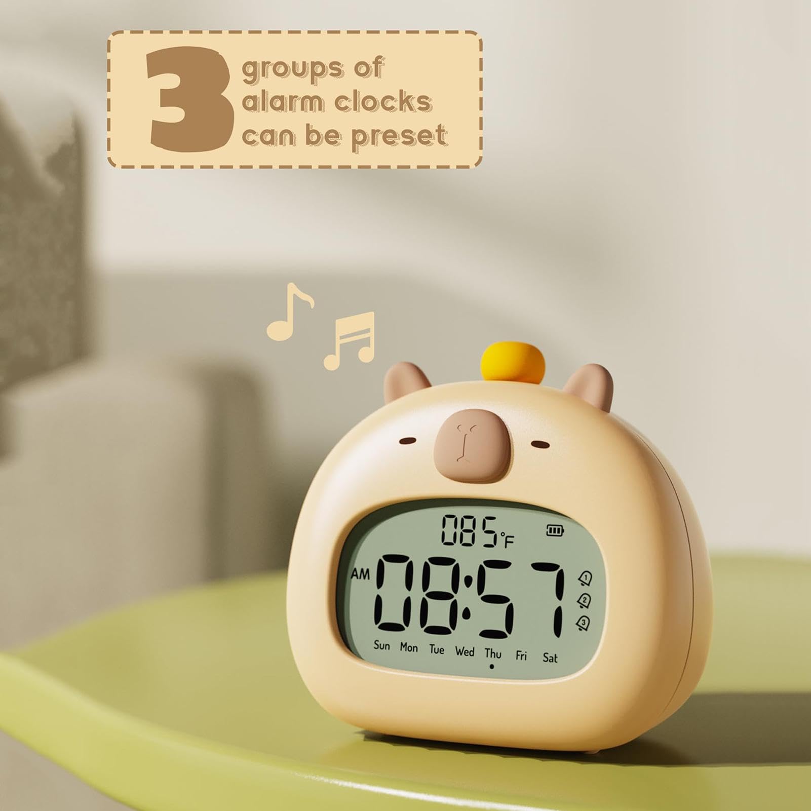 Capybara Kinderwecker Mit Nachtlicht – Digitalwecker Mit 3 Alarmen, Datum, Temperatur, USB-C Aufladbar