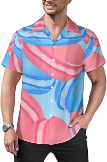 Cute Pink and Blue Macaroons Mens Shirts Hawaiian Short Sleeved Cuban Collar Graphic Tees Tops