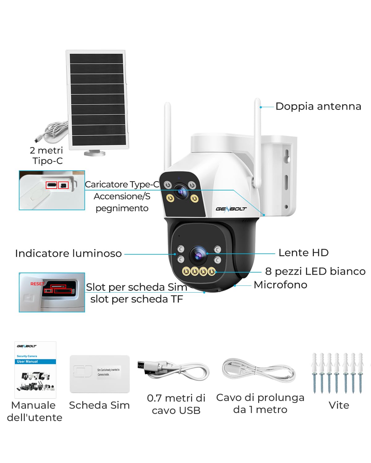 GENBOLT 4G AOV Solare Telecamera Esterno Senza Fili di Sicurezza Esterni, Registrazione 7/24 3MP+3MP IP Videocamera Sorveglianza con Rilevamento AI a SIM Card, CCTV Camera Batteria 8W 15600mAh