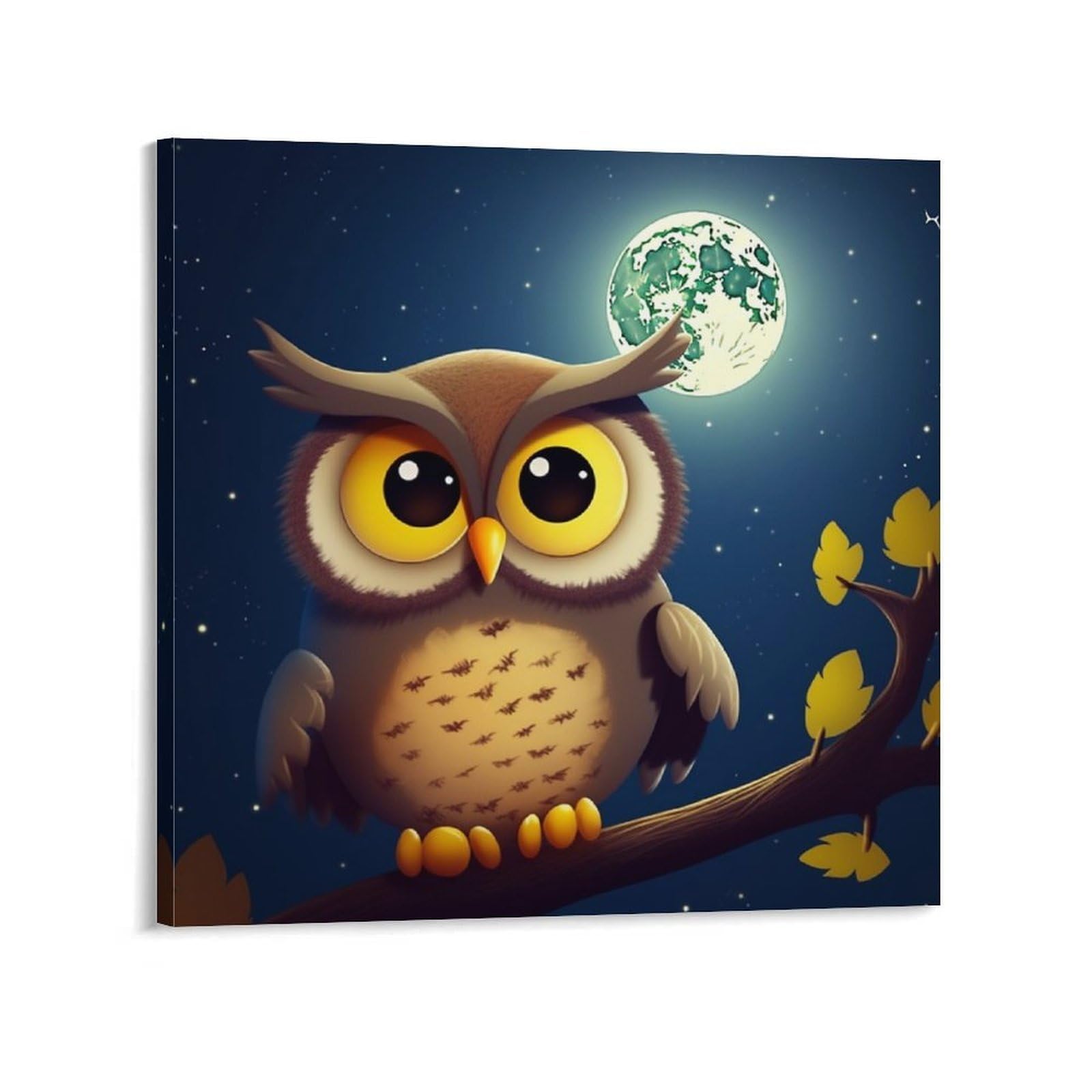 Owl And Yellow Moon Canvas Wall Art for Bedroom 12x12inch(30x30cm) Canvas Prints Artwork for Walls Modern Picture Artwork Painting for Living Room Aesthetic Wall Paintings for Bathroom Kitchen Office