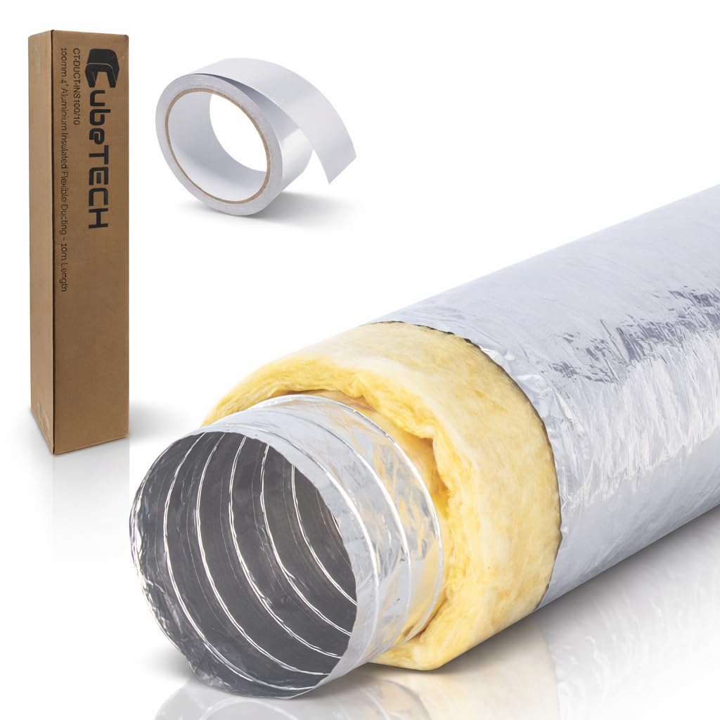 CubeTECH Flexible Insulated Ducting 100mm (4 Inch) 10 Metre - Anti-Condensation Aluminium Ventilation Hose for Extractor Fan, Tumble Dryer, HVAC, Loft Installation