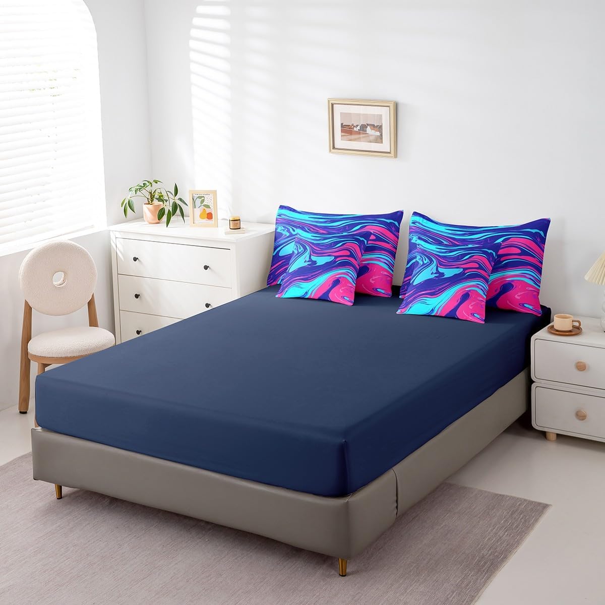Erosebridal Ombre Ripple Queen Size Comforter Set, Abstract Modern Art Luxury Soft Kids Teens Bedding, Chic Paintings Graffiti Bedding Comforter Sets Bed in a Bag, Purple Pink Gradient Bed Sheets Set