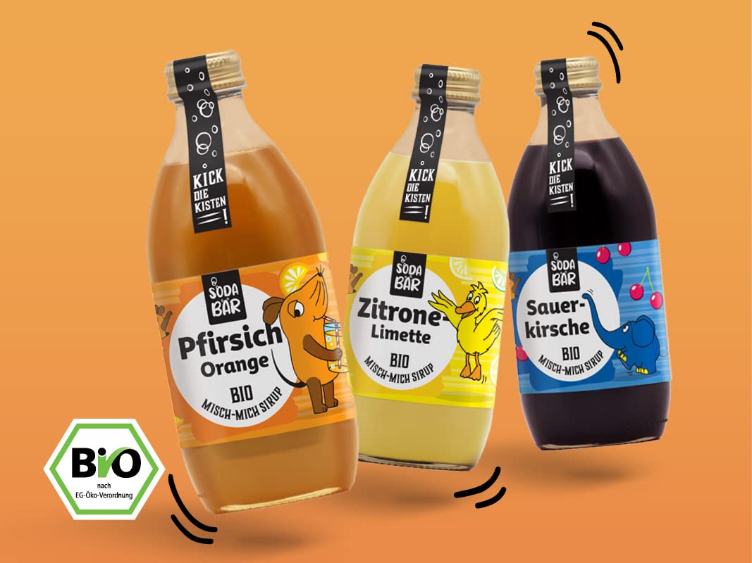 Sciroppo Bio Set da degustazione Mouse > Pesca Arancia | Ciliegia acida | Limone > Mescolare fino a 12 l di bevande, 100% biologico, 100% gustoso e 100% topo