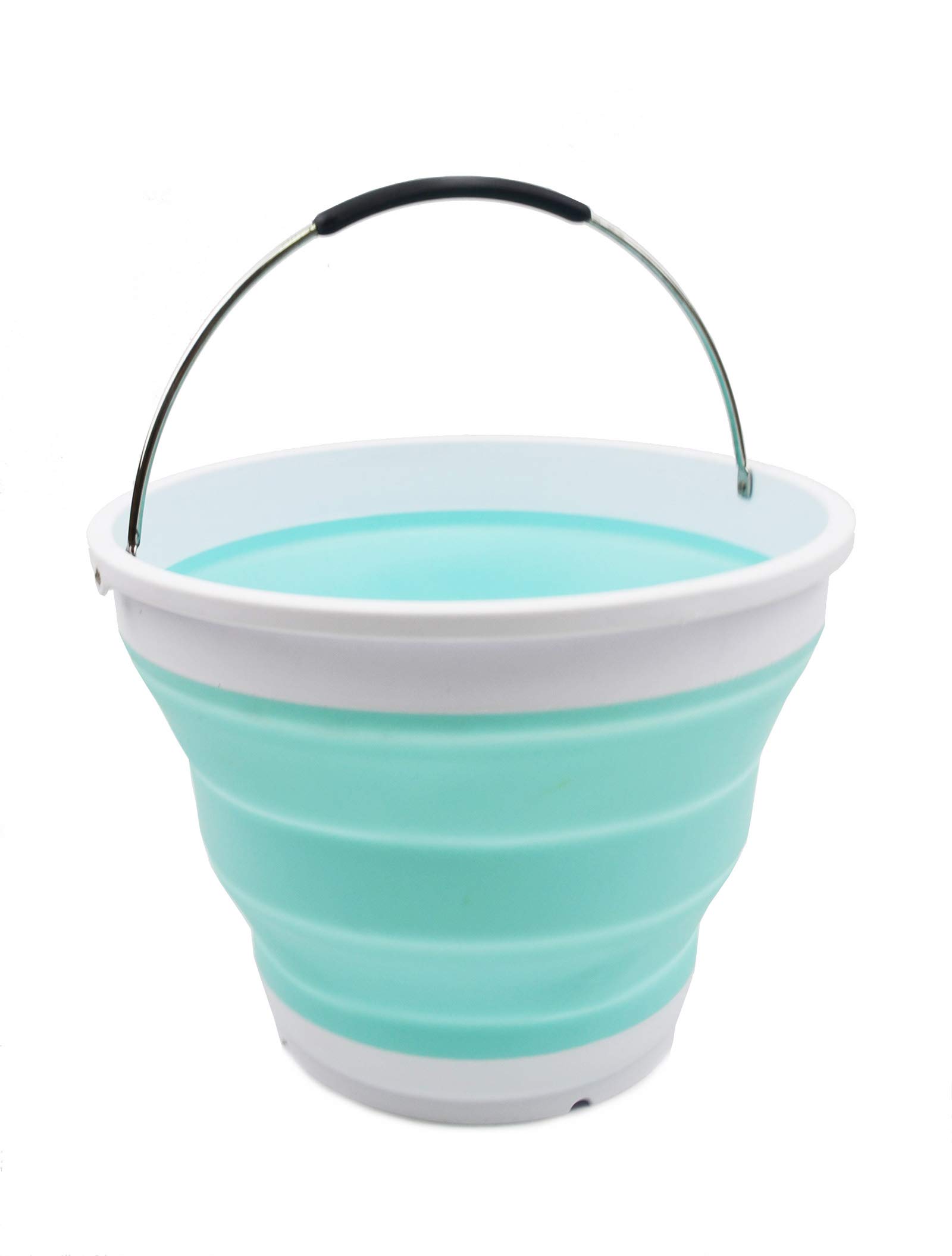 SAMMART 10L Collapsible Plastic Bucket - Foldable Round Tub - Portable Fishing Water Pail - Space Saving Outdoor Waterpot, (White/Lake Green)