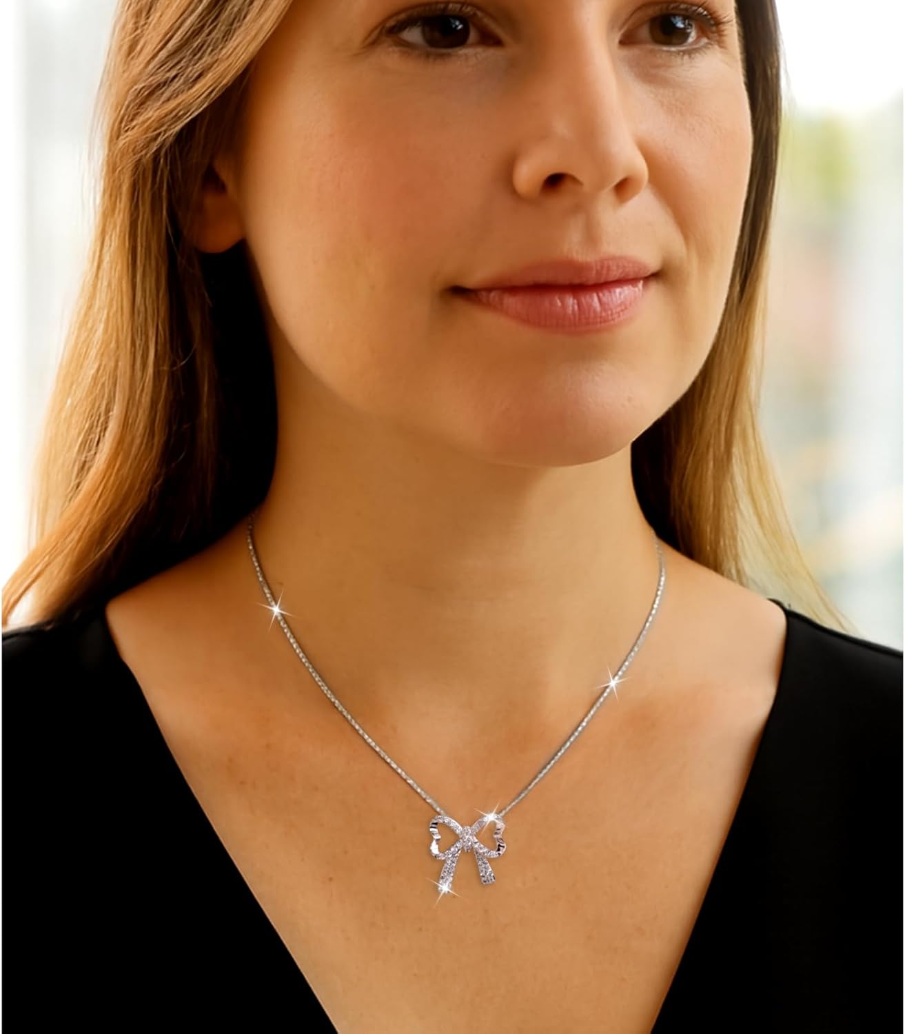 Gold Silver Bow Pendant Rhinestone Necklace for Women, Trendy CZ Bowknot Chain Necklaces Prom Wedding Holiday Accessories Jewelry Gift - Image 2