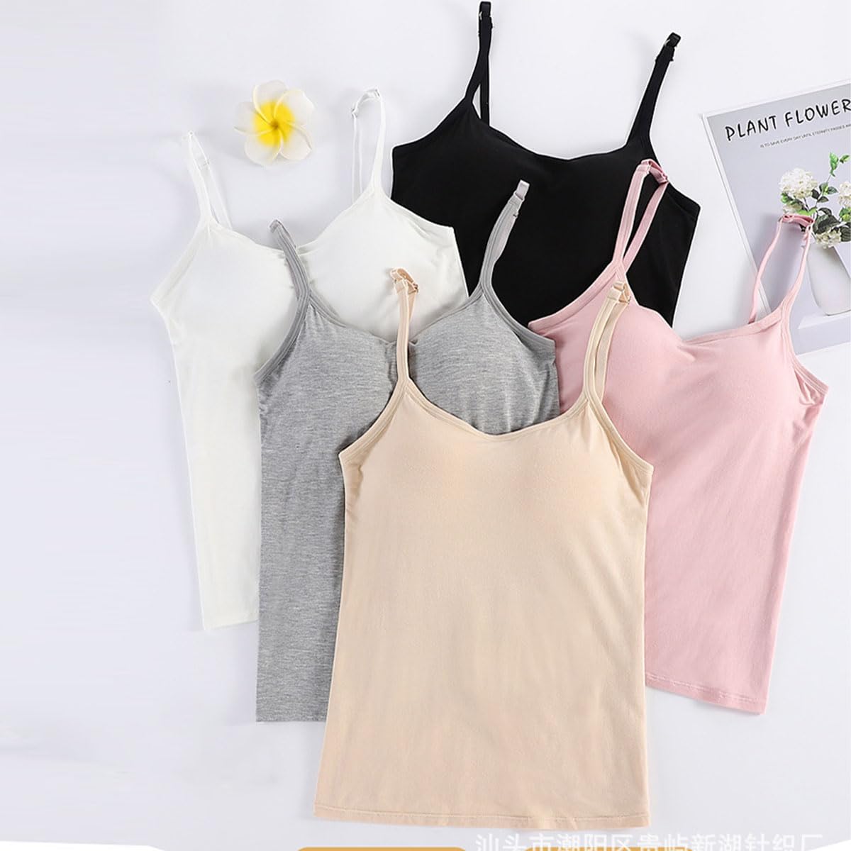 Lot de 5 Camisole Femme Débardeur avec Soutien-Gorge Intégré Caraco Débardeur à Bretelles Spaghetti Réglables Gilet Rembourré Camisole Top T-Shirt sans Manches pour Femme et Fille