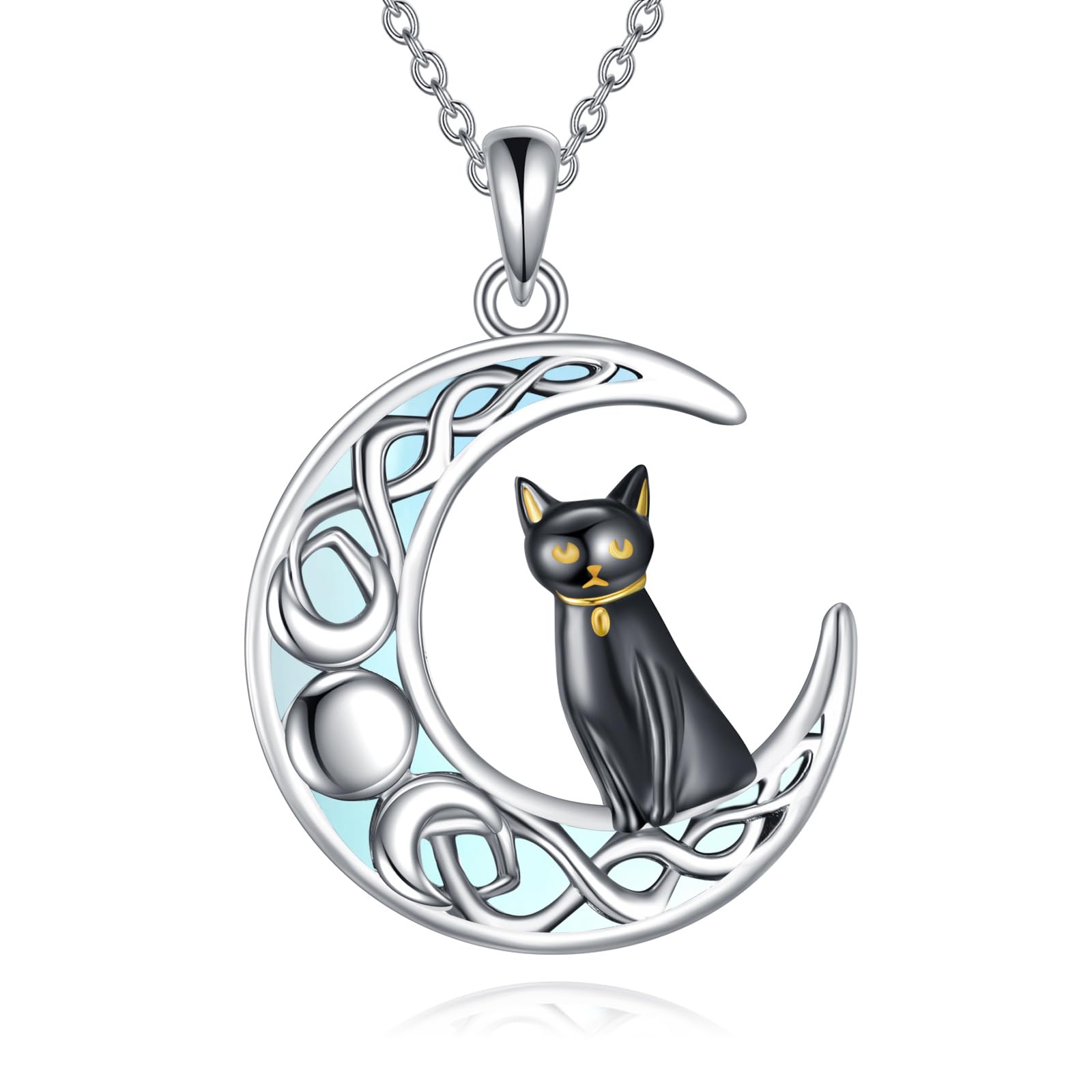 KZX Schwarze Katze Mond Halskette Katze Geschenke für Katzenliebhaber Sterling Silber Katzen Halskette auf dem Mond Anhänger Halskette keltischen Schmuck Geschenke für Frauen Mädchen