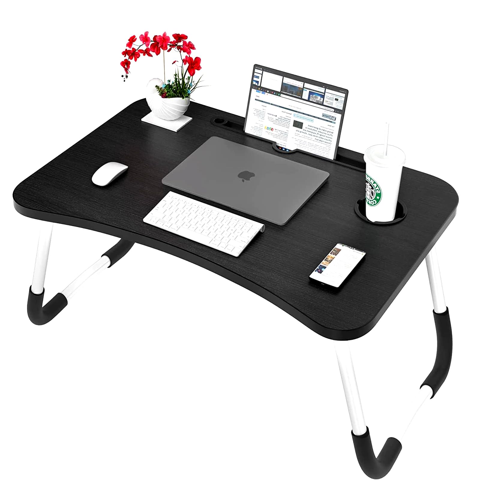 Ntek Black Laptop Bed Table | Portable Standing Desk With Foldable Legs & Cup Slot | Notebook Desk For Laptop, Reading, Watching Movie (Black)