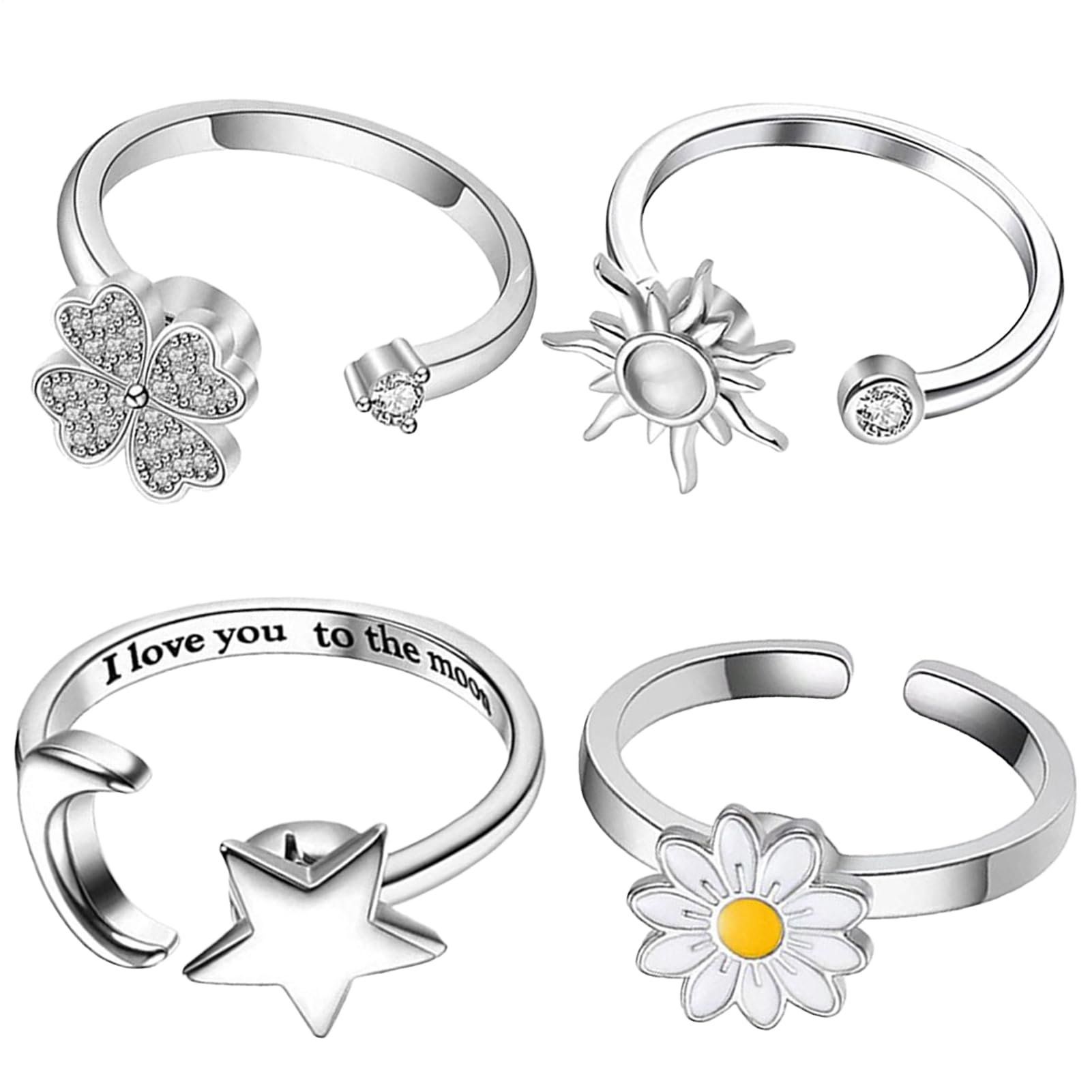 Fidget Rings, Spinner Jewelry, Fidget Rings do ?agodzenia stresu, 4-cz??ciowy zestaw z motywami ksi??yca, s?o?ca i kwiatów, ?atwe w u?yciu ?dzie do modowania, stylowe akcesoria dla dziewcz?t, nast