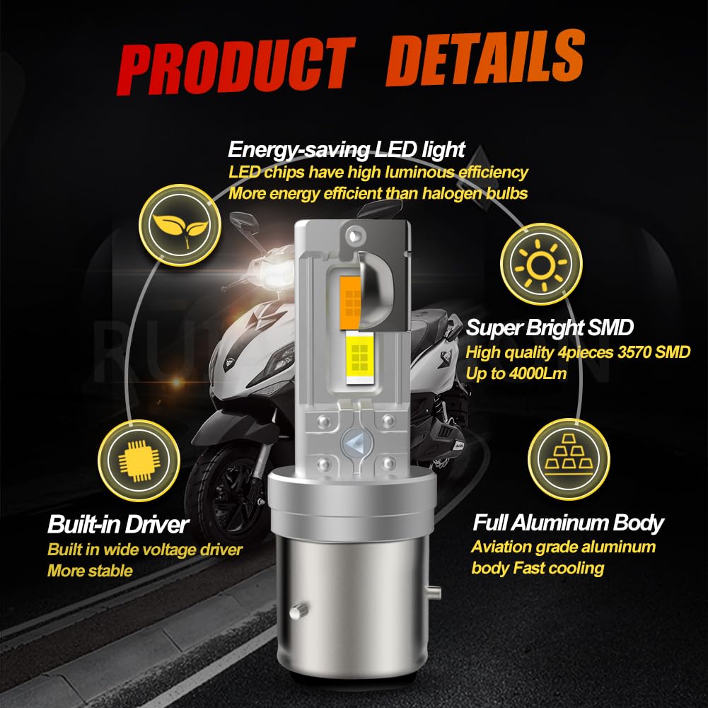 Ruiandsion BA21D LED Ampoules de phare de moto Sans polarité CC 10-60V CA 12V Lumière blanche et jaune 4000 Lumens Ampoules à faisceau haut et bas pour Phare de moto Paquet de 2