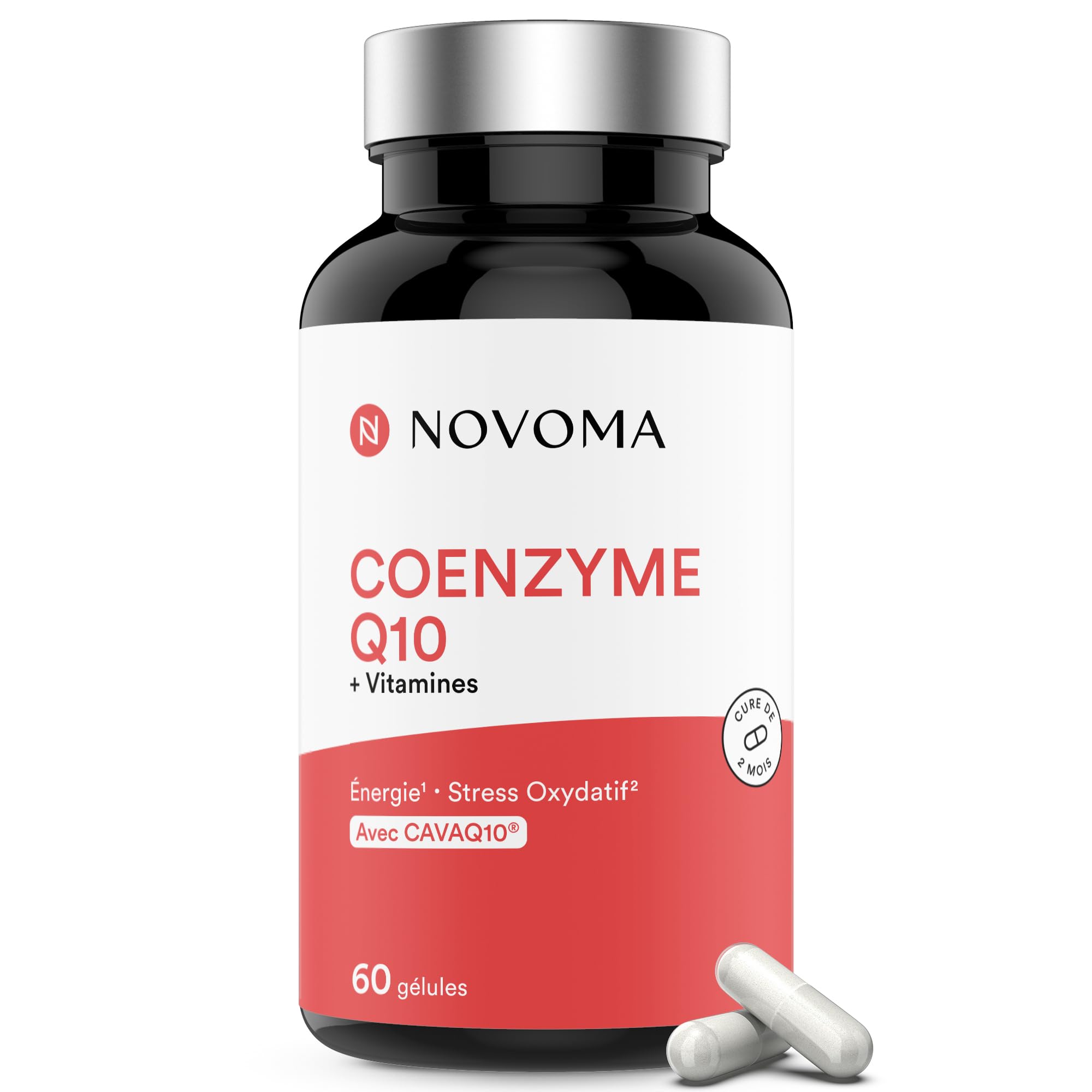 NOVOMA Coenzyme Q10, Énergie Cellulaire et Antioxydant, avec CAVAQ10® Haute Biodisponibilité, Vitamines C et E, Cure de 2 mois, 60 Gélules, Fabriqué en France