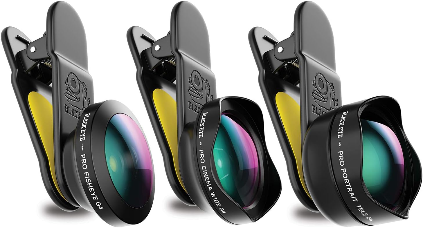 BLACK EYE Pro Kit G4 Combo Package with Pro Portrait Tele G4, Cinema Wide G4 and Fisheye G4 (Includes Travel Bag, Universal Clip Attachment, 180° Fisheye-, 120° Wide Angle and 2,5x Tele lens)