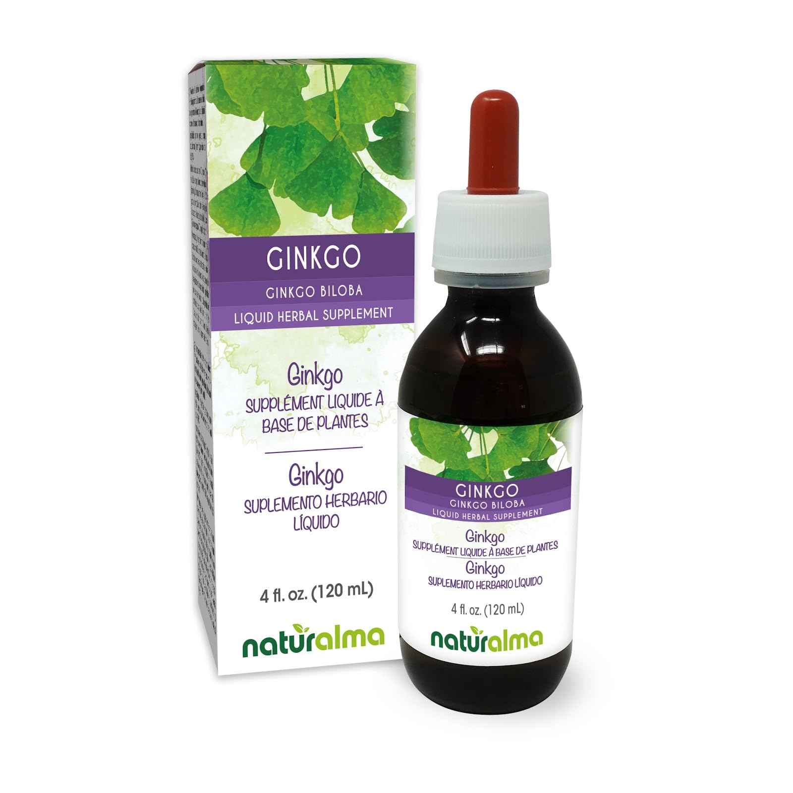 Naturalma Ginkgo (Ginkgo biloba) Leaf Alcohol-Free Tincture - 4 fl oz Liquid Extract in Drops - Herbal Supplement - Vegan 4 Fl Oz (Pack of 1)