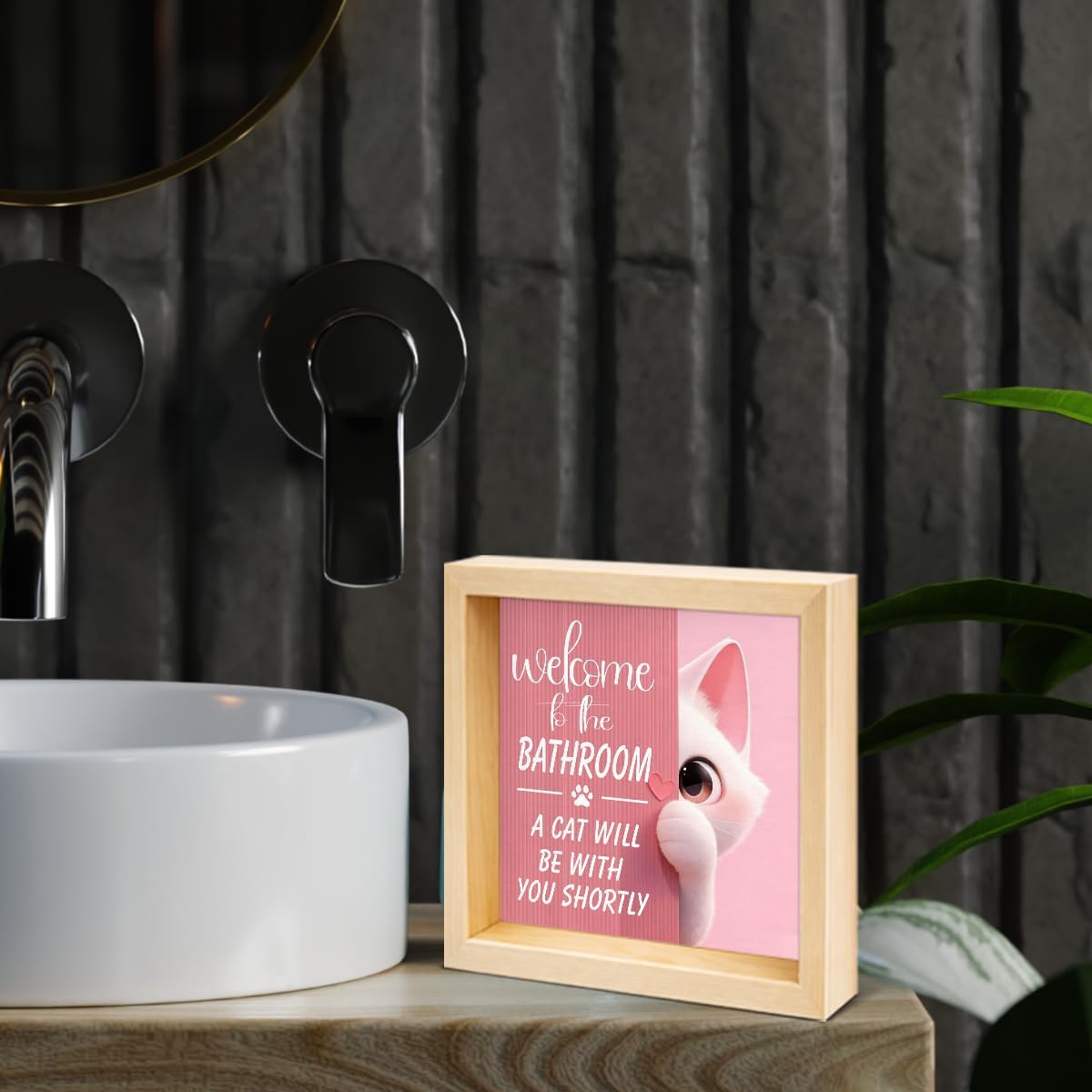 Funny Cat Bathroom Decor - Cute Cat Bathroom Decor - Double-sided Wood Box Sign for Bathroom Shelf Sink Toilet Seat Holder（Pink） image 5