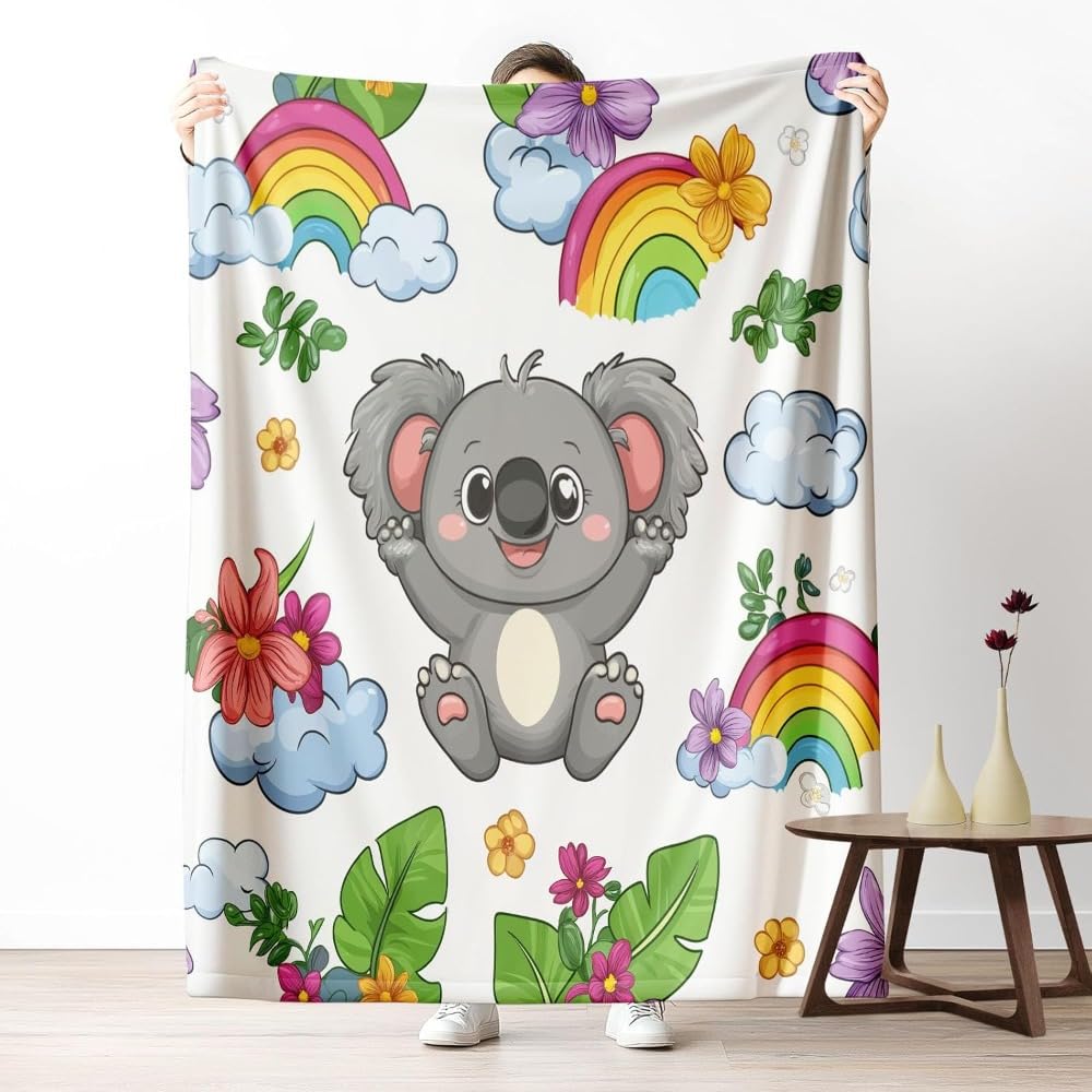 Koc z kreskówki, miś koala, tęczowy, koc flanelowy, roślina kwiatowa, liście, koc polarowy, koc na kanapę, przytulny, dla dziewcząt i chłopców (01, 200 x 200 cm)