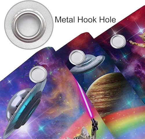 Miniatura 7 de Divertida cortina de ducha con diseño de gato para niños, decoración de baño de dinosaurios montados sobre galaxia fantástica, tela de anime con 12