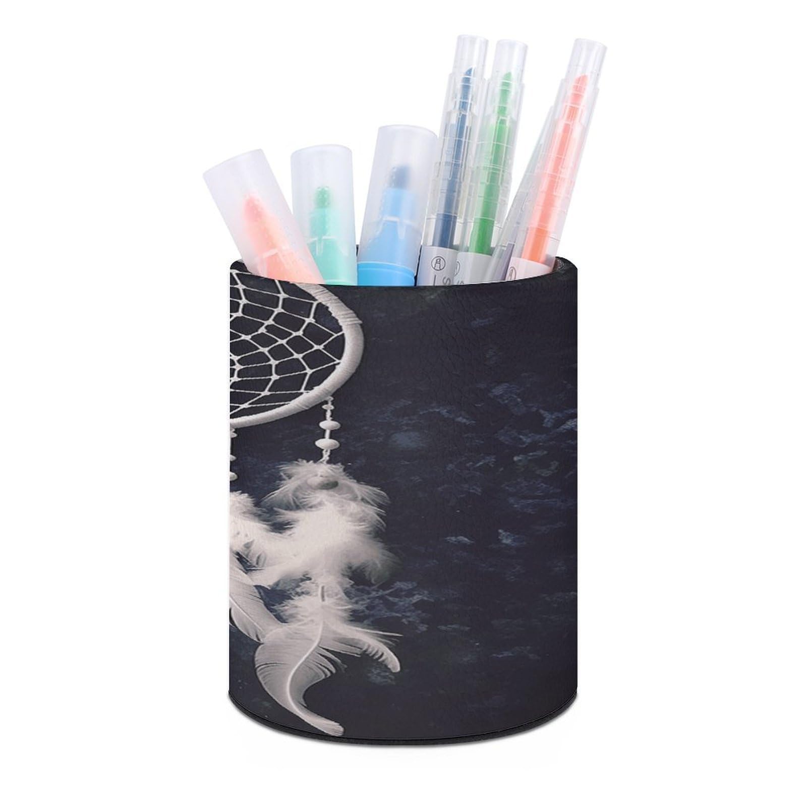 FekiLoot PU Leather Round Pen Holder White Fantasy Dream Catcher Pencil Holder Desk Organizer Pen Organizer Pen Cup Pencil Cup Caddy Desktop Stationery Organizers for Office Home Supplies