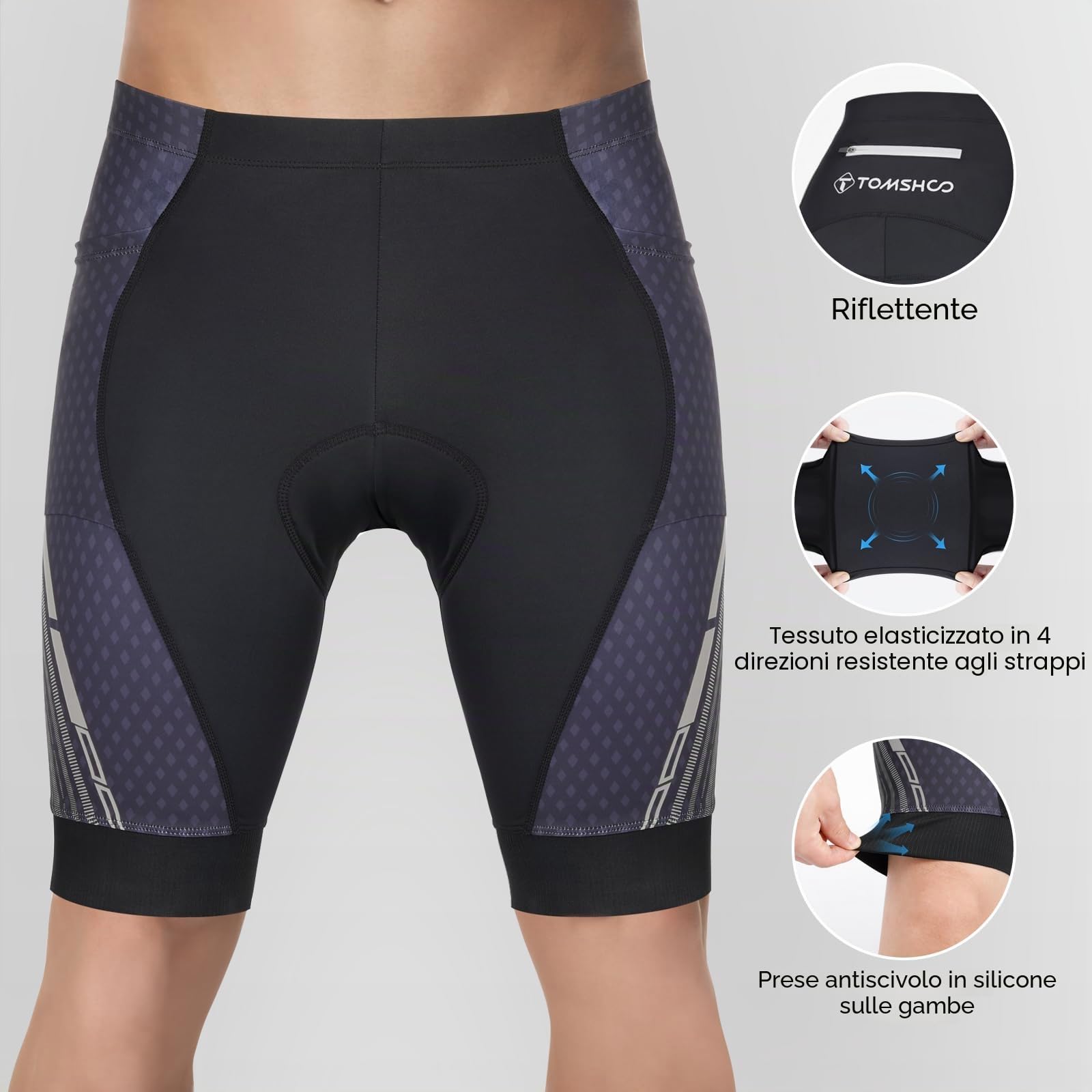 TOMSHOO Pantaloni da Ciclismo Uomo, MTB Ciclismo Uomo 4D Imbottiti, Pantaloncini Bici Uomo Traspirante Asciugatura Rapida con 3 Tasche Antiscivolo Antiurto MTB Shorts | Pantaloni da mountain bike con rivestimento riflettente, gamba antiscivolo