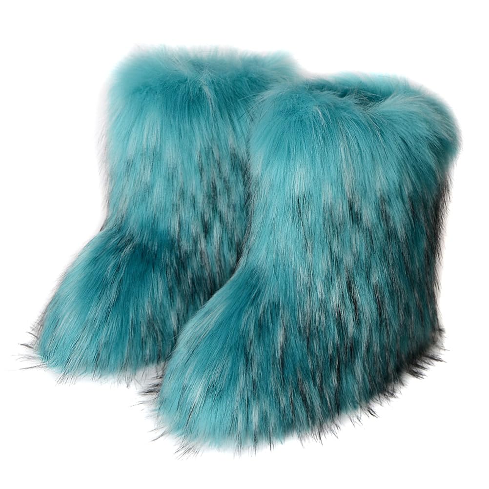 Womens Faux Fur Boots Mid-calf Furry Snow Boots Flat Fluffy Warm Lined Winter Shoes Outdoor Indoor