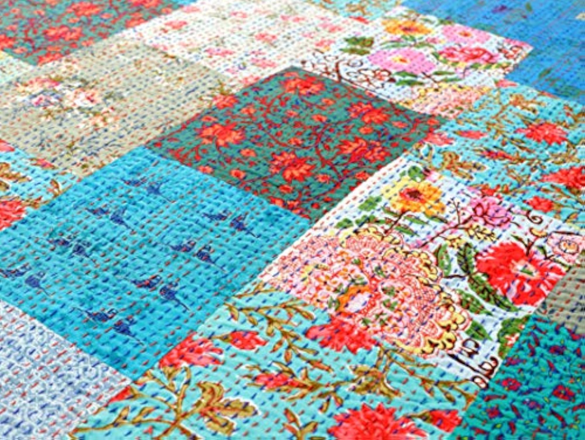 Patchwork Kantha Work Quilt Bedspread, Hand Printed