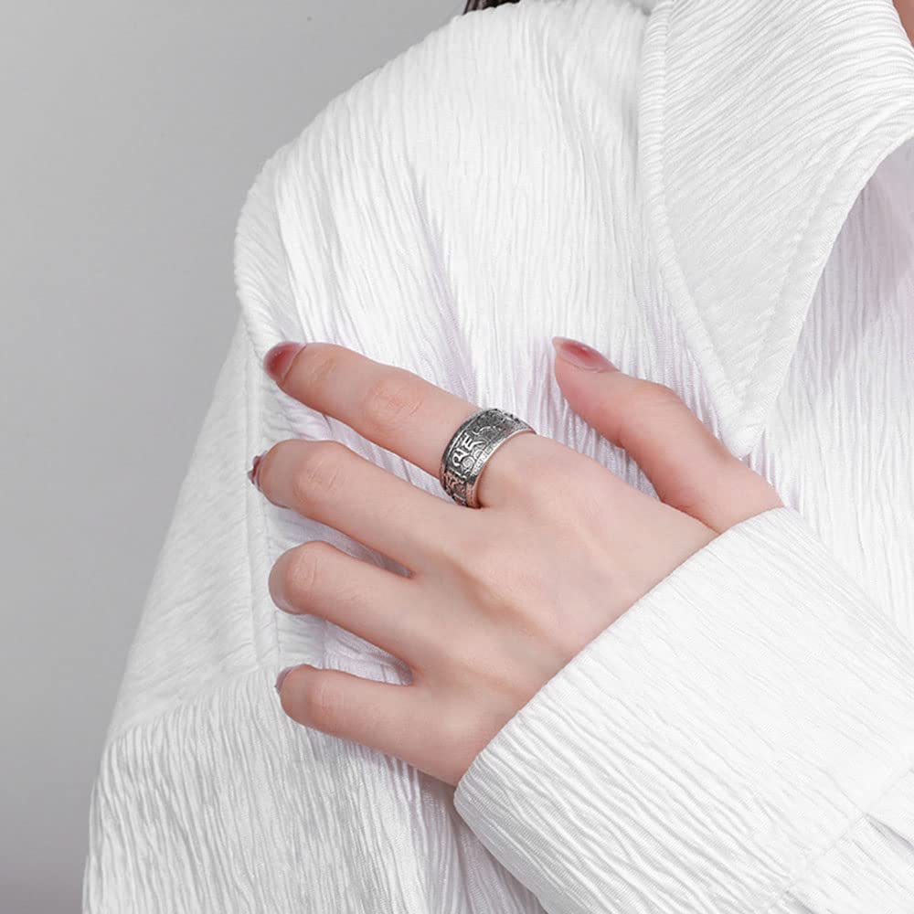925 Sterling Silber Muster geprägtes Sechs-Charakter-Mantra-Ring Exquisit Buddhist Wide Version Ring, tibetischer Amulett-Ring Unisex