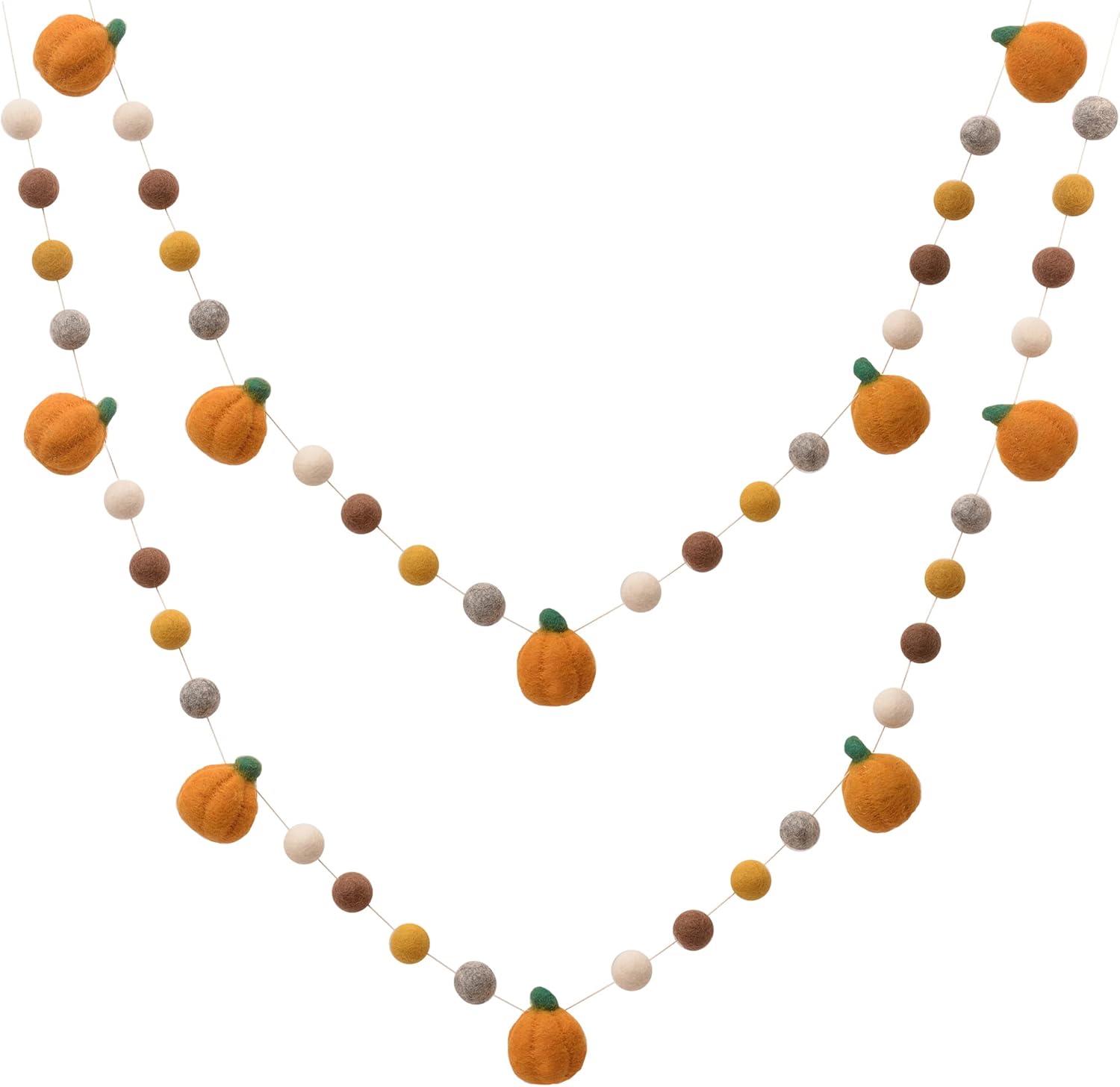 Glaciart One Felt Balls + Pumpkin Garland 2 Pcs - Easy to Hang Halloween Party Banner Decoration - Fall Décor, 100% New Zealand Wool, Hand-Felted in Nepal - 6' Long, 24 Pom Poms, 5 Pumpkins Ornaments