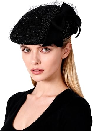 Vintage Bowknot Wool Felt French Beret with Veil Fascinator Pillbox Hats Cocktail Party Wedding Church Fedora