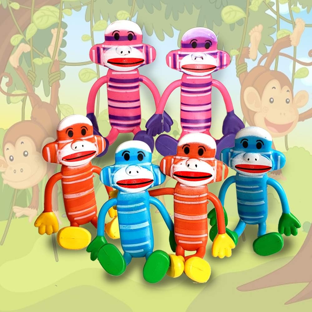 ArtCreativity 4 Inch Bendable Sock Monkey Toys - Set of 12 - Flexible Plastic - Birthday Party Favors for Boys and Girls - Stress Relief Fidget Toys for Kids