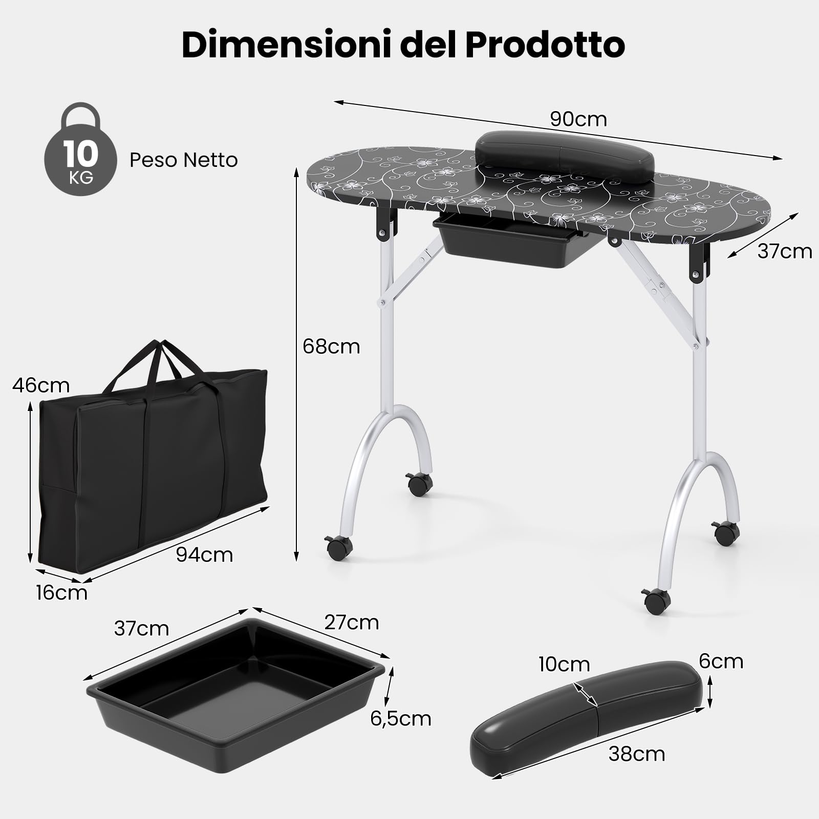 COSTWAY Tavolo Manicure Pieghevole, Tavolo Unghie Estetista Portatile con Ruote, Cassetto, Cuscino Poggiapolsi e Borsa