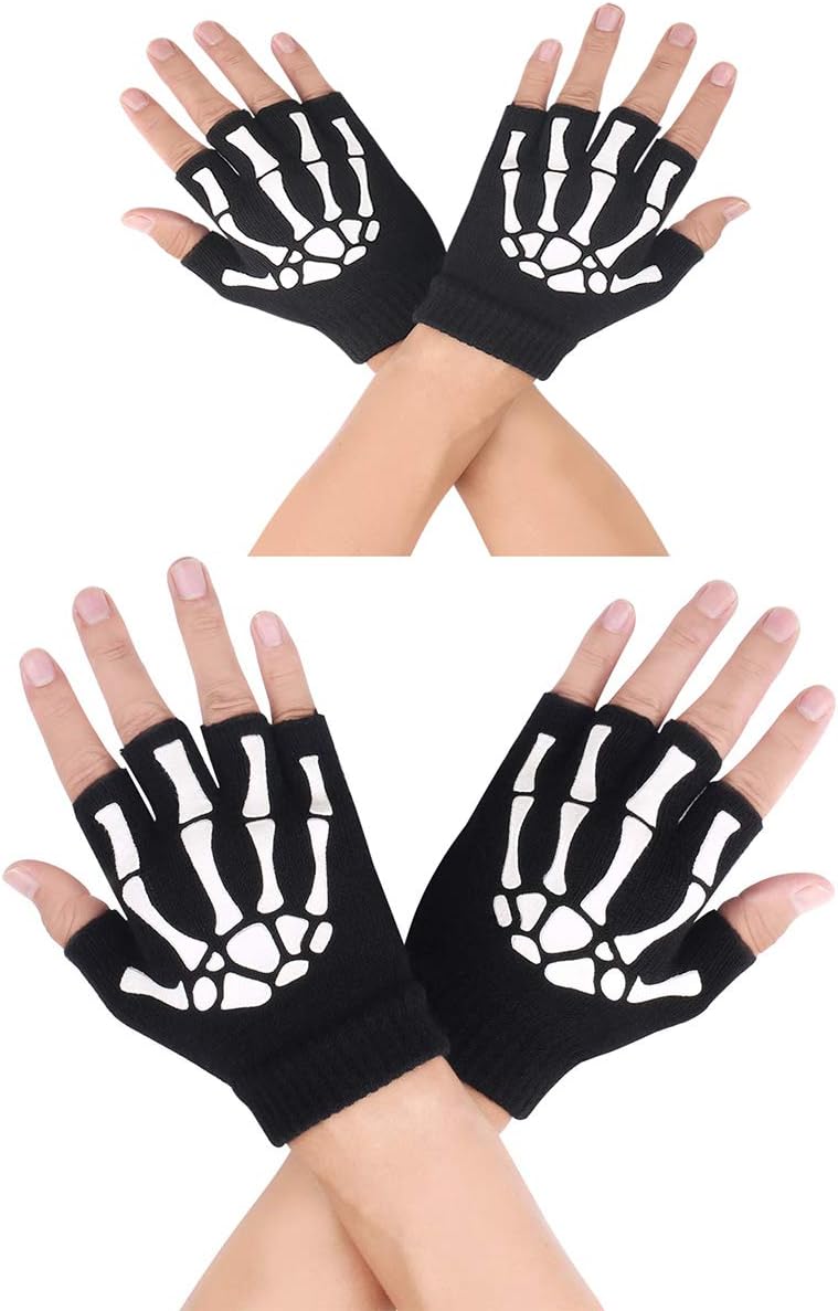 10AGIRLSkeleton Gloves Fingerless - Knit Gloves Christmas gifts Costume Cosplay Accessories Glow in the Dark