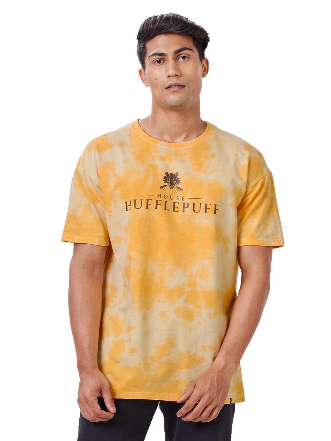 The Souled Store|Mens & Boys Official Round Neck Harry Potter House Hufflepuff (Tie Dye)|Yellow Color Printed|Half Sleeve 100% Cotton|Oversized T-Shirt