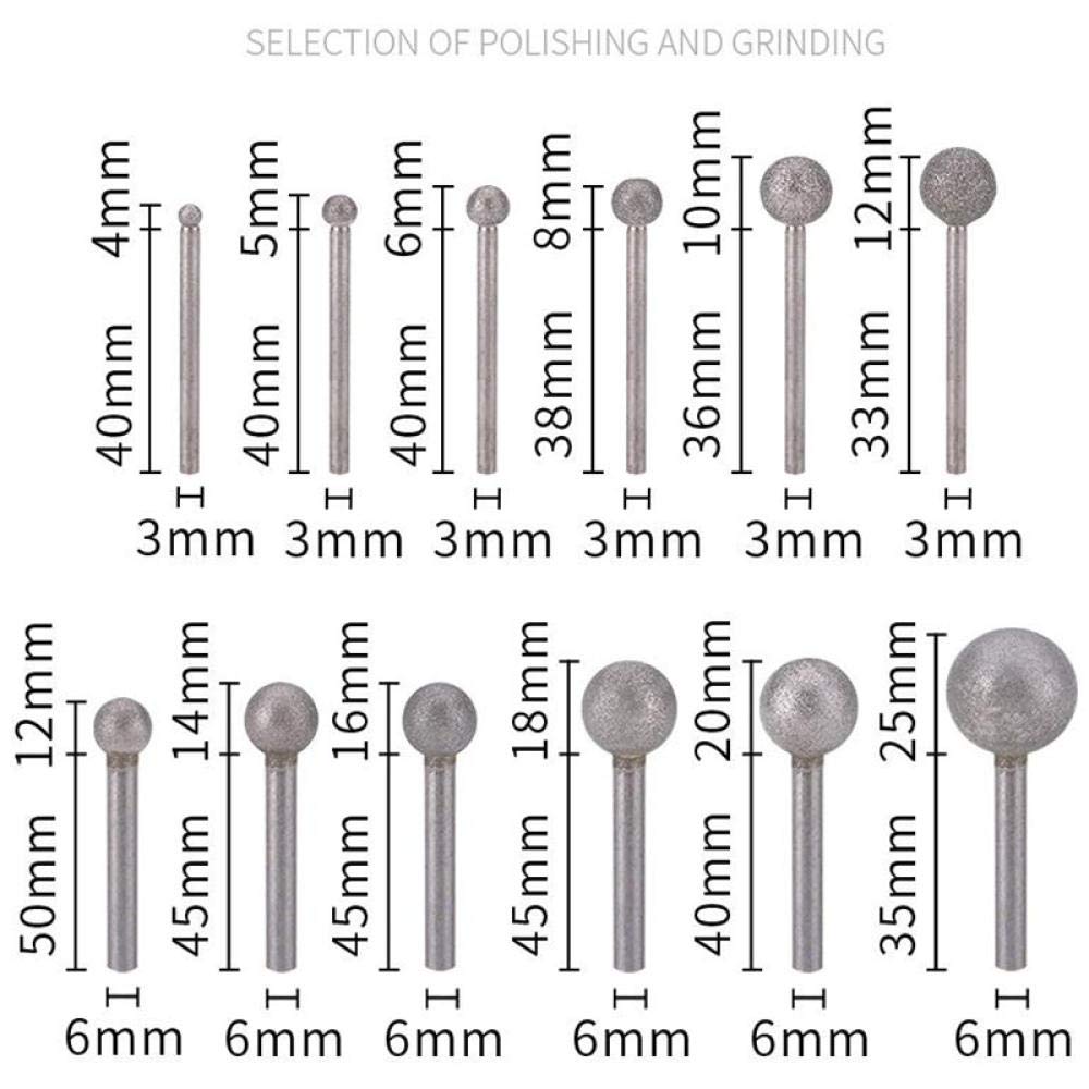 3 / 6mm sferico gambo durevole Diamante Diamante testa per giada, metallo, lega, macchinari, pietra, stampi rettifica e lucidatura-6x12mm.