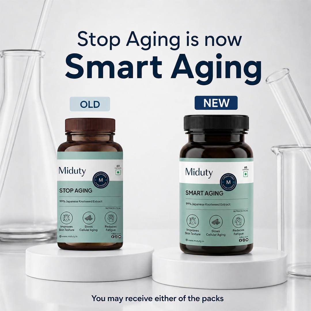 Miduty Smart Aging Trans-Resveratrol 99% | Anti-Aging Formula with Japanese Knotweed, Pomegranate & Green Tea Extract | Supports Fine Lines, Wrinkles, Skin Texture & Healthy Aging | 60 Veg Capsules