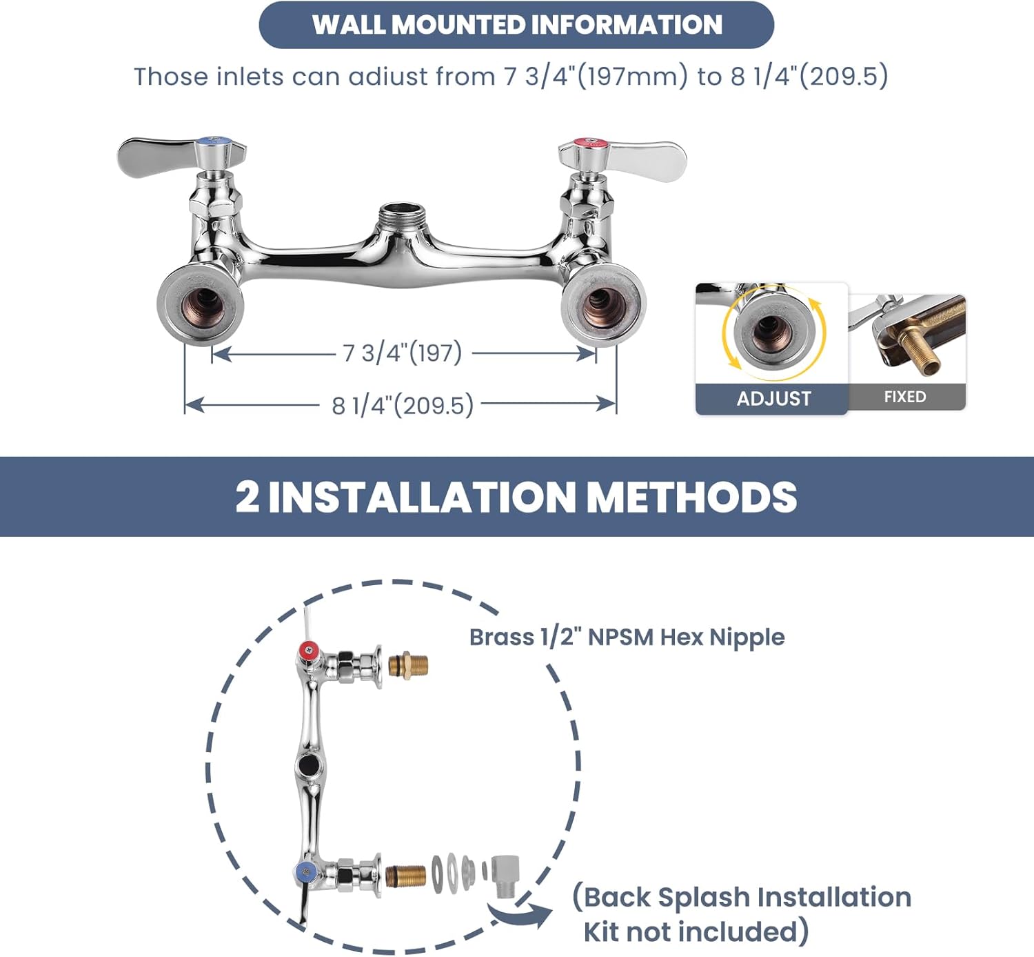 Commercial Sink Faucet with 8” Swivel Spout, 8" Center Wall Mount Kitchen Faucet, Dual Handles Brass Utility Sink Faucet for Laundry Room Restaurant Compartment Sink, Polish Chrome
