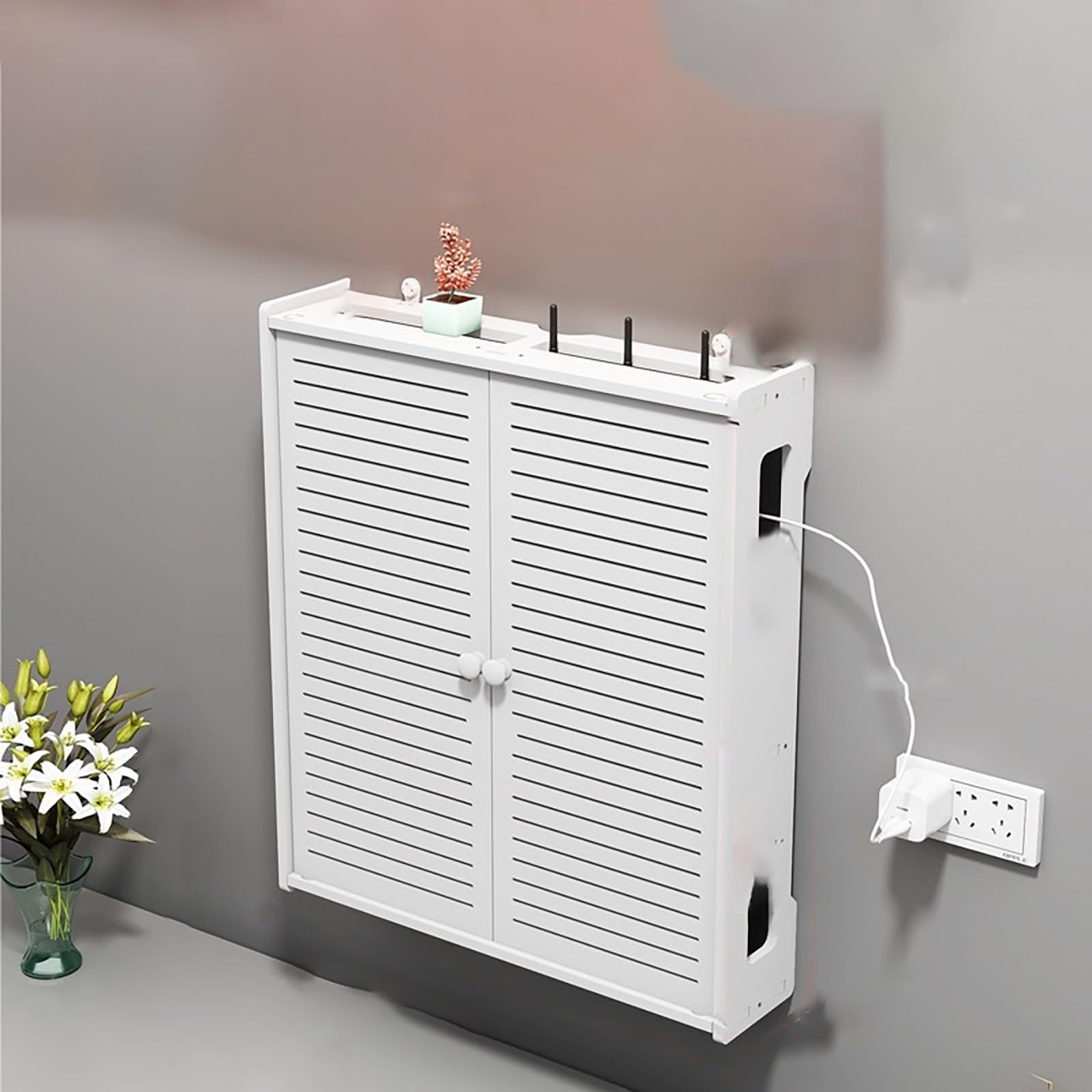 Wandmontiertes WLAN-Router-Regal WLAN-Router-Aufbewahrungsboxen mit Tür und Ablage Großes Fassungsvermögen für Wohnzimmer Hotel Büro.(45x11x52cm)
