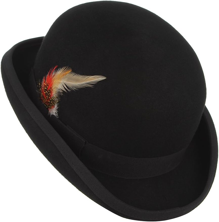 GEMVIE Men's Bowler Derby Hat Wool with Feather Black Derby Hat Satin Lined - Image 5