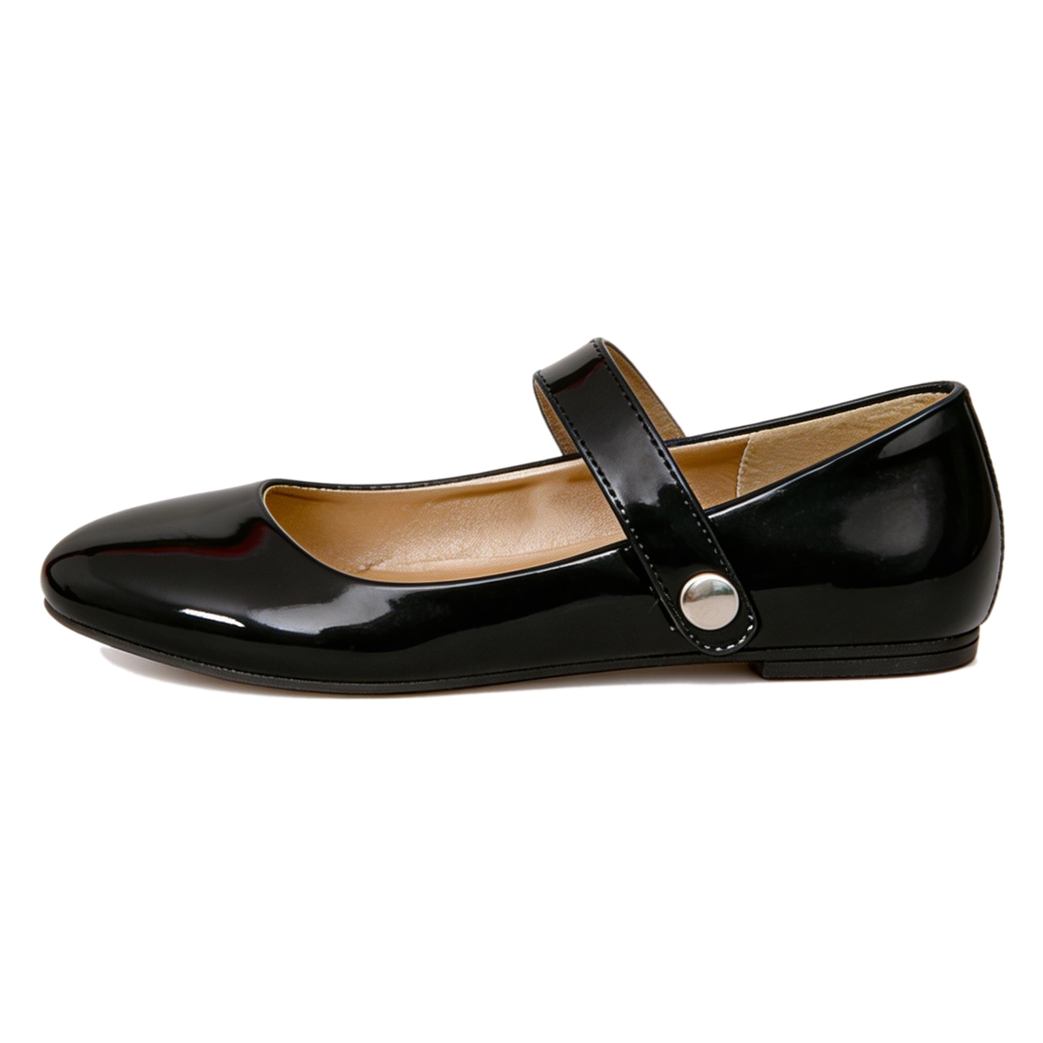 Mary Jane Halbschuhe für Damen Lackoptik Rund Flach 1cm, Bequeme Ballerinas mit Klettverschluss und Latex-Dämpfung für Büro Alltag City-Trip