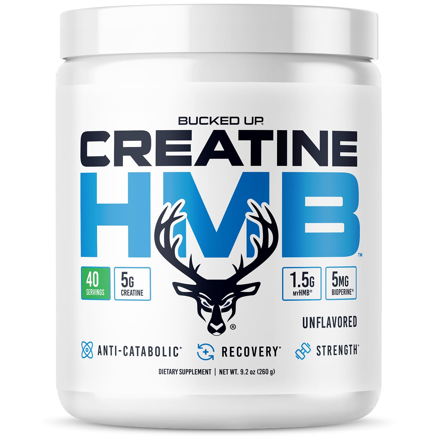Bucked Up Creatine HMB 40 Servings Unflavored | 5g Creatine Monohydrate with 1.5g myHMB and 5mg BioPerine | Dietary Supplement Powder for Men and Women