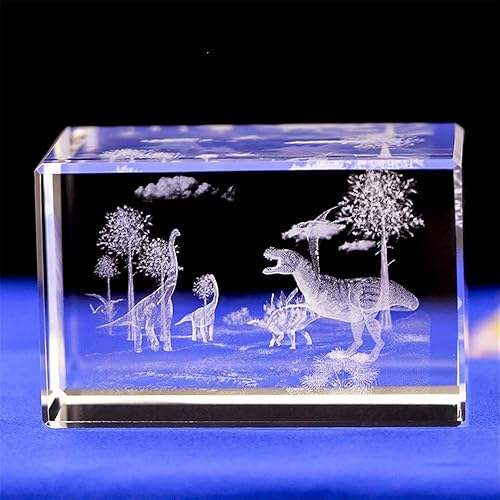 Uterstyle Estatua de dinosaurio de cristal grabada con láser 3D, cubo de cristal de animal grabado, escultura de dinosaurio, regalos con caja de