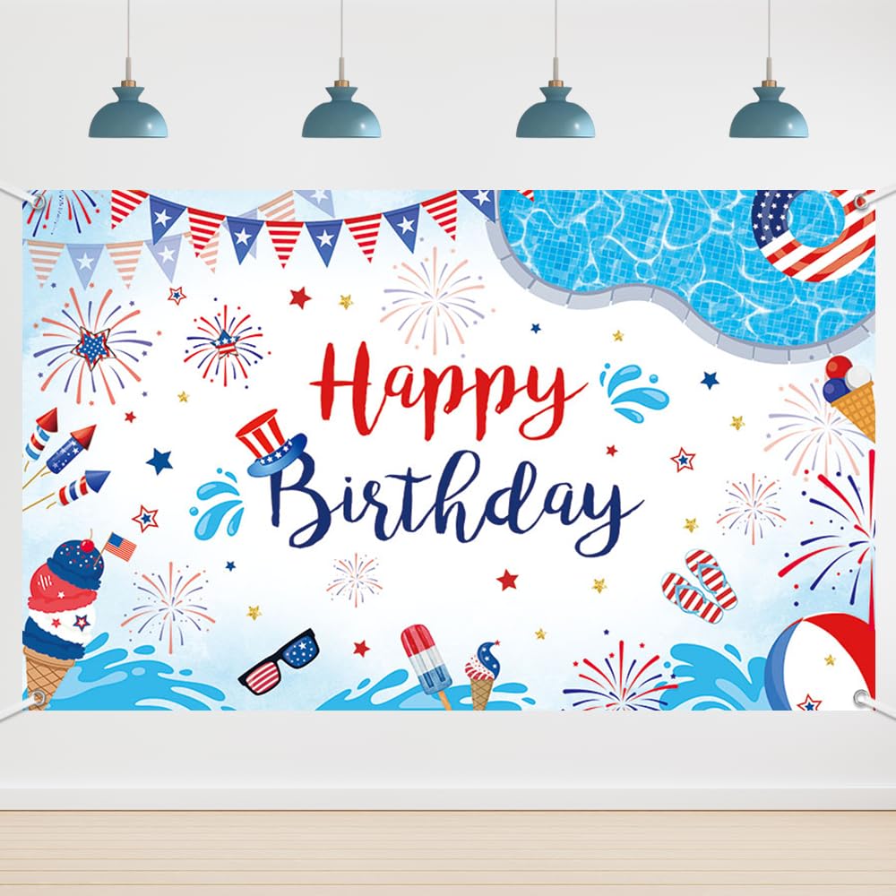 6x3.6ft Happy Birthday Pool Party Backdrop 4th of July Birthday Party Background American Independence Day Summer Pool Party Photo Props
