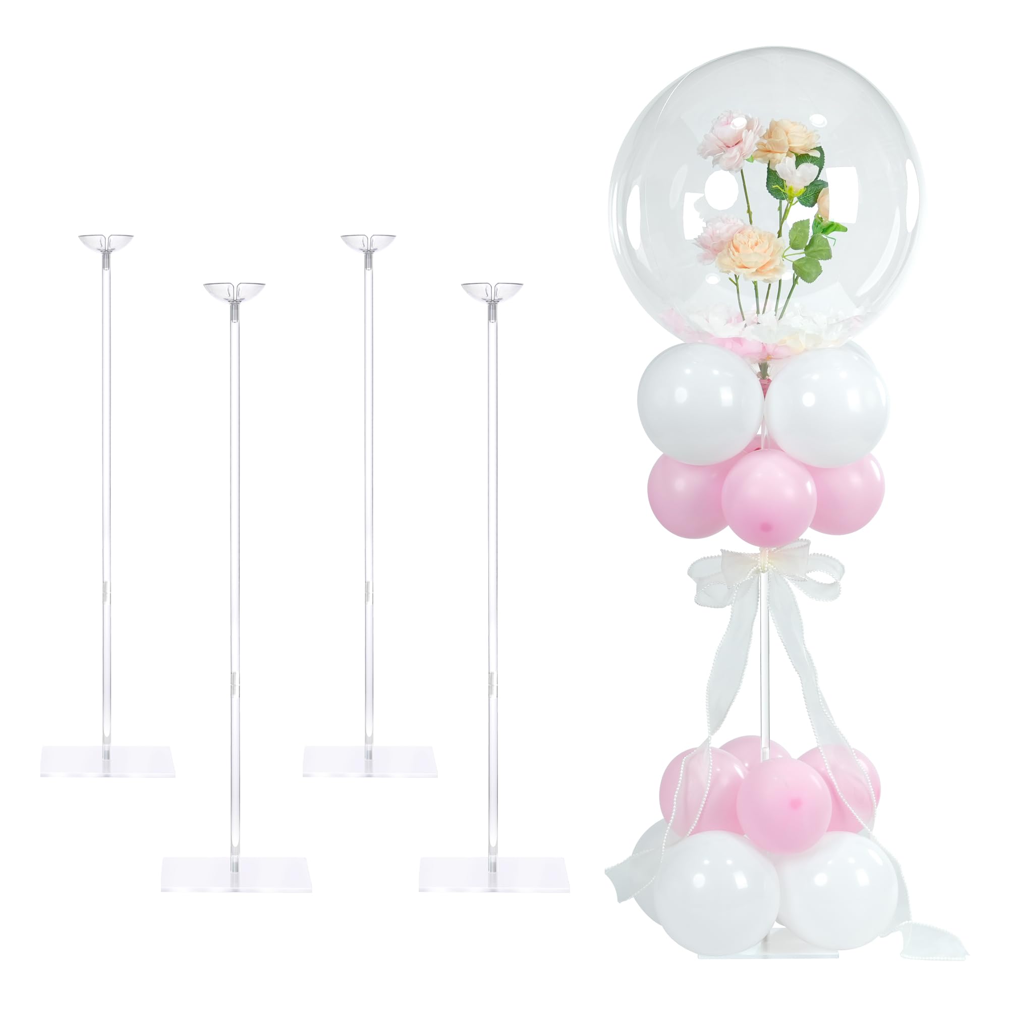 YALLOVE 4 Pack Acrylic Balloon Stand for Table Reusable Clear Balloon Centerpiece Stand Adjustable Height 20CM 40CM 60CM Balloons Stick for Wedding Birthday Party Event Table Decoration