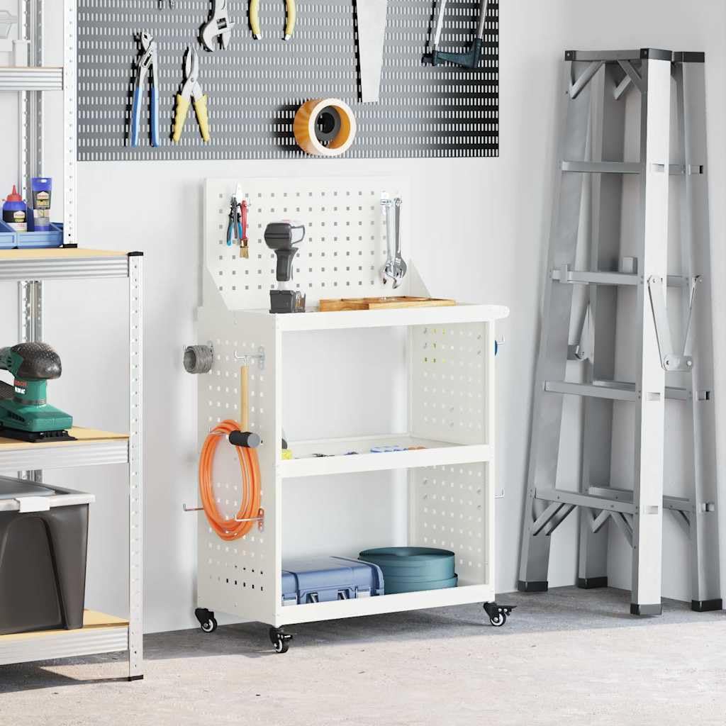 Carrello portautensili bianco in acciaio laminato a freddo, 65 x 35 x 111 cm, con 3 ripiani, 12 ganci e ruote bloccabili, per officina, garage e sala hobby, conservazione e ordine efficienti
