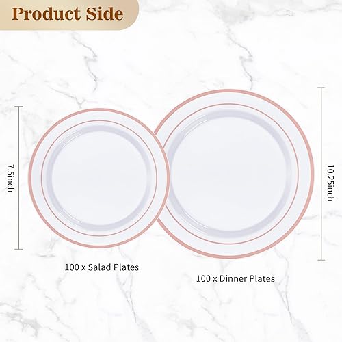 Miniatura 4 de BESTVIP 200 platos de plástico color oro rosa, platos desechables para fiesta con 100 platos llanos y 100 platos de postre, platos de plástico para