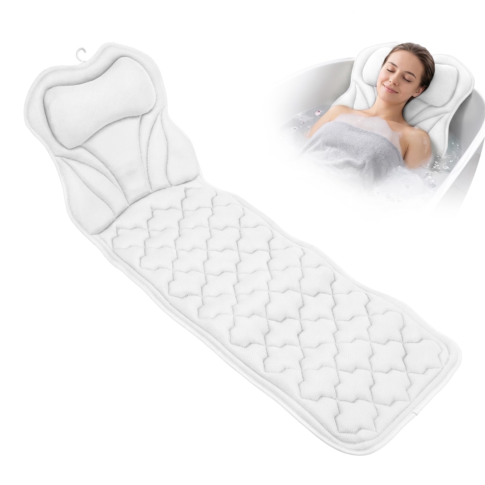 SUNNYNEST Full Body Bath Pillow Mat & Non-slip Cushion, Bathtub Pillow with 5D Air Mesh and 16 Powerful Suction Cups, Ergonomic Design Support Head Neck Back for Home Hot Tub Relaxing Spa Fits (White)