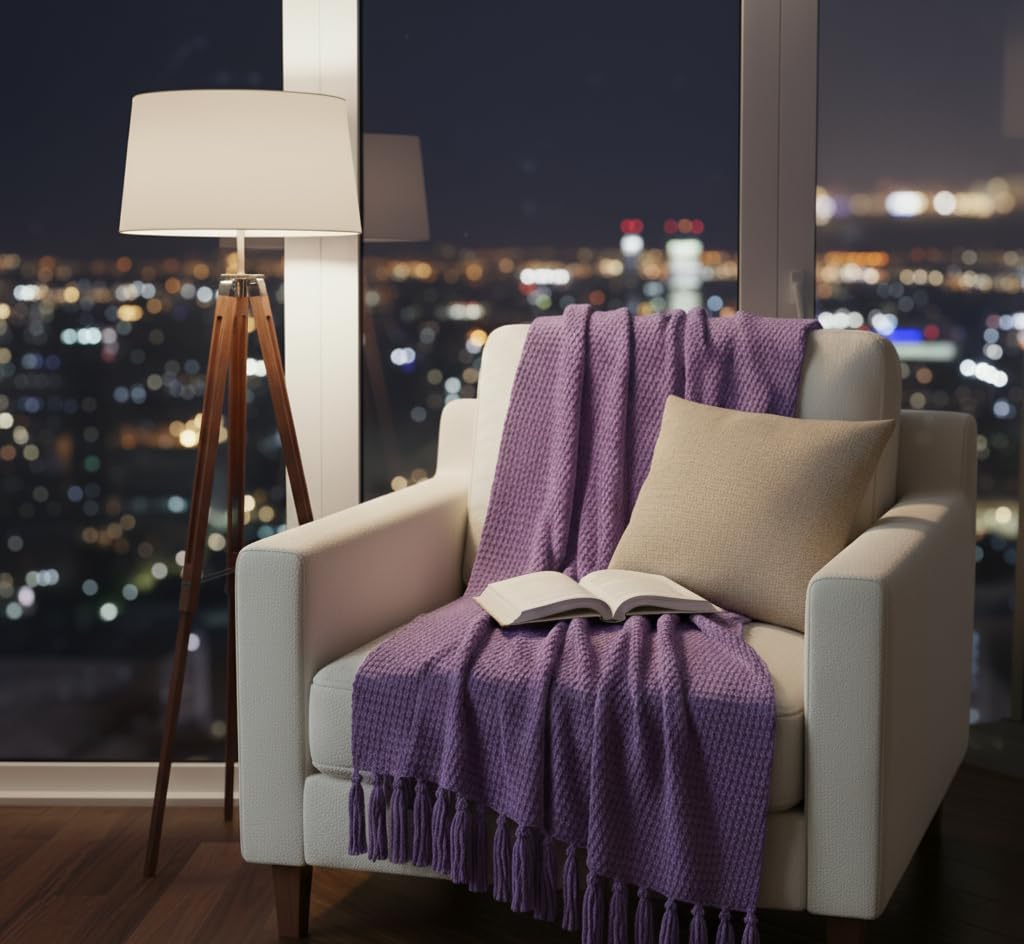 Luxury Waffle Knit Cotton Sofa Throw Blanket Size 50 * 60 Inches, Soft with Decorative Tassels, Cozy Textured Design for Couch, Sofa, and Bed (Lavender Purple)-image-22