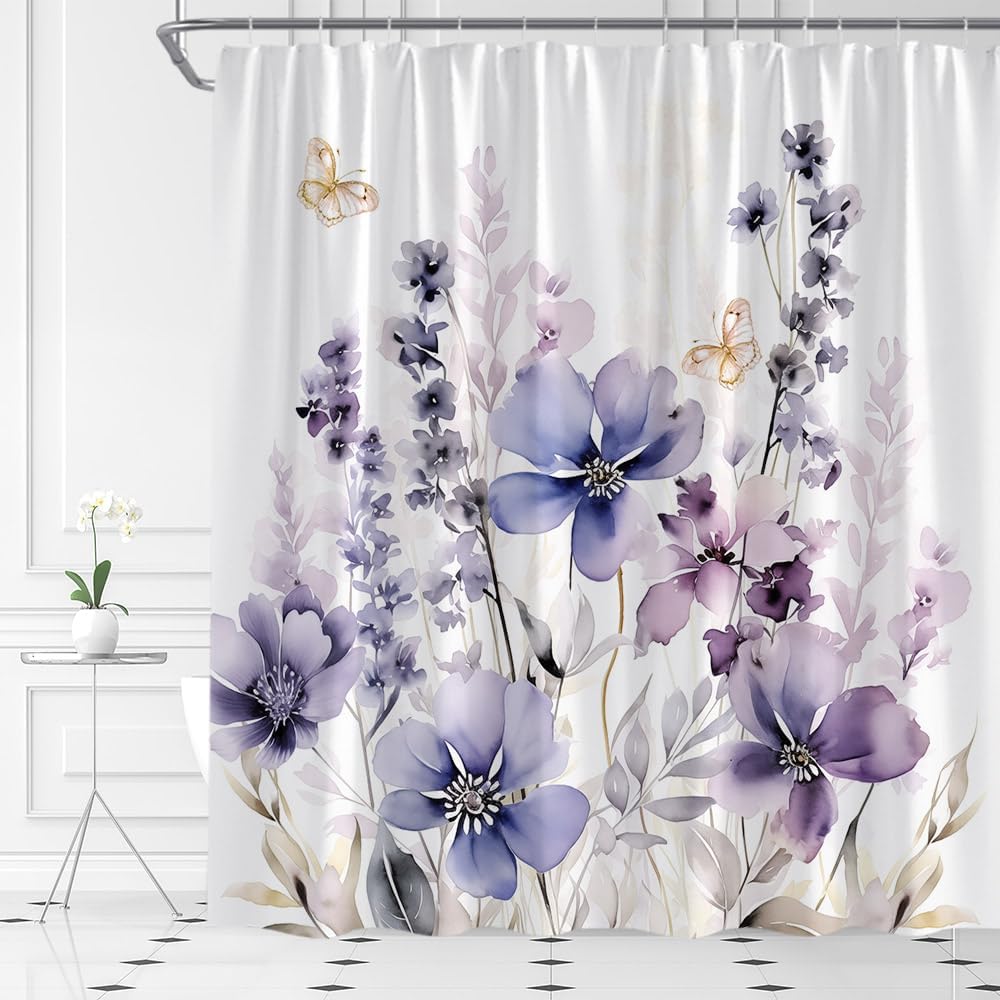 AMFD Purple Floral Shower Curtain Watercolor Flower Leaves Spring Plant Nature Garden Home Fabric Bathroom Decor Set with Hooks,(70" Wx74.8 H)