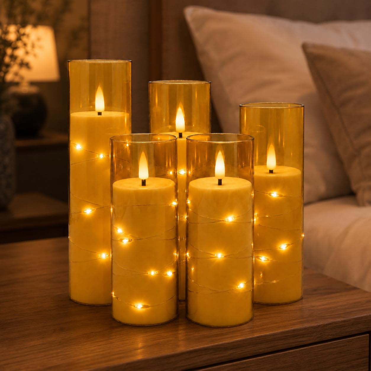 Da by 5 Candele LED Champagne con Luci Fatate Avvolgenti, Copertura Vetro Trasparente, Fiamma Tremolante Realistica, Resistenti al Caldo, 1 Telecomando per Decorazioni Interno ed Esterno