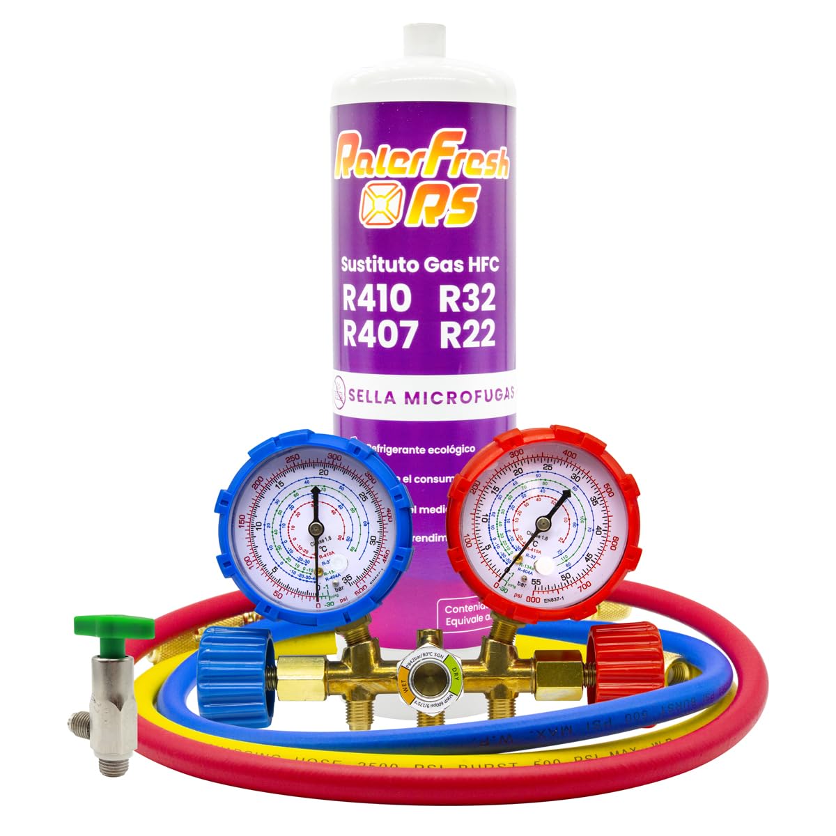 Split Ralerfresh RS organisches Kühlgas für Klimaanlagen, entspricht 950 g, Ersatz für R410, R32, R407 und R22 (Flasche + 2-Wege-Manometer + Schläuche + Adapter)