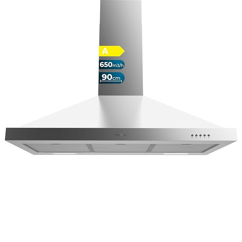 Cecotec Cappa aspirante piramidale 90 cm Bolero Flux PM 906500 Inox A. Motore 165 W, finitura nera, aspirazione 650 m3/h, controllo meccanico, 3 livelli di potenza, luce e filtro al carbonio
